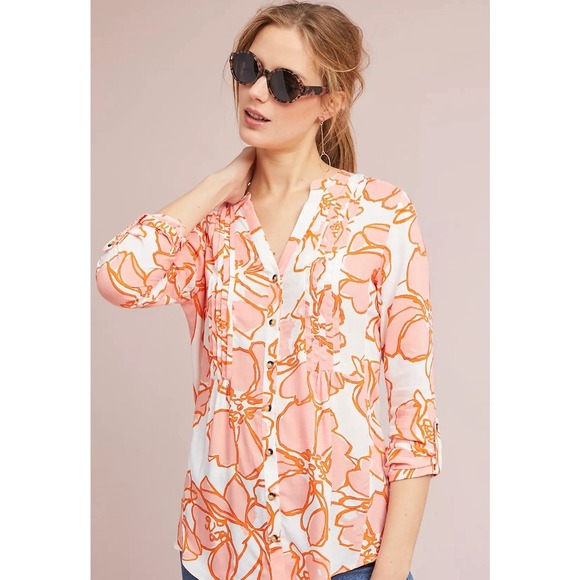 Maeve Tops - Anthropologie Maeve Pintucked Floral Buttondown Print Peasant Blouse Boho Size S
